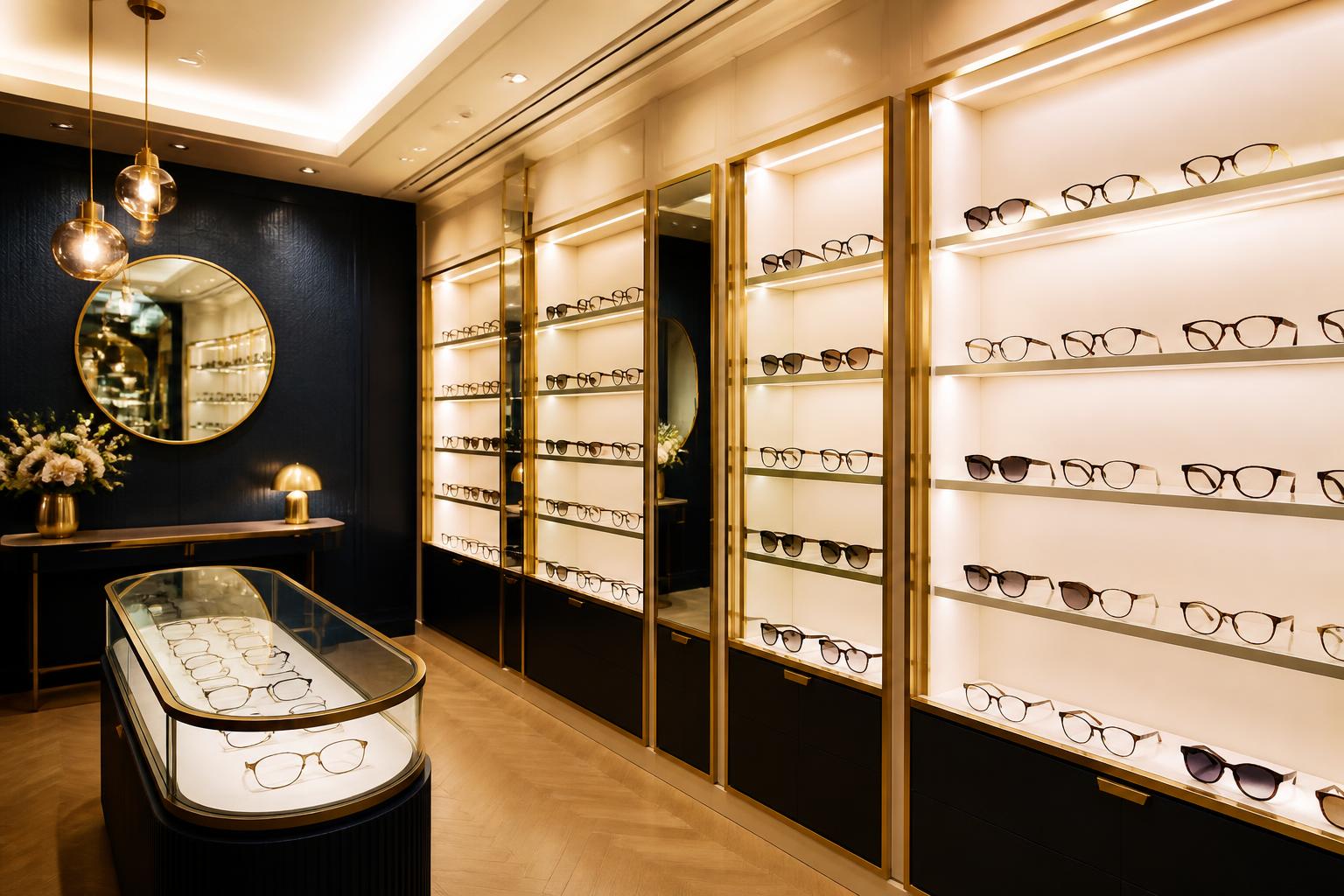 Luxury optical showroom with backlit displays of designer eyeglass frames
